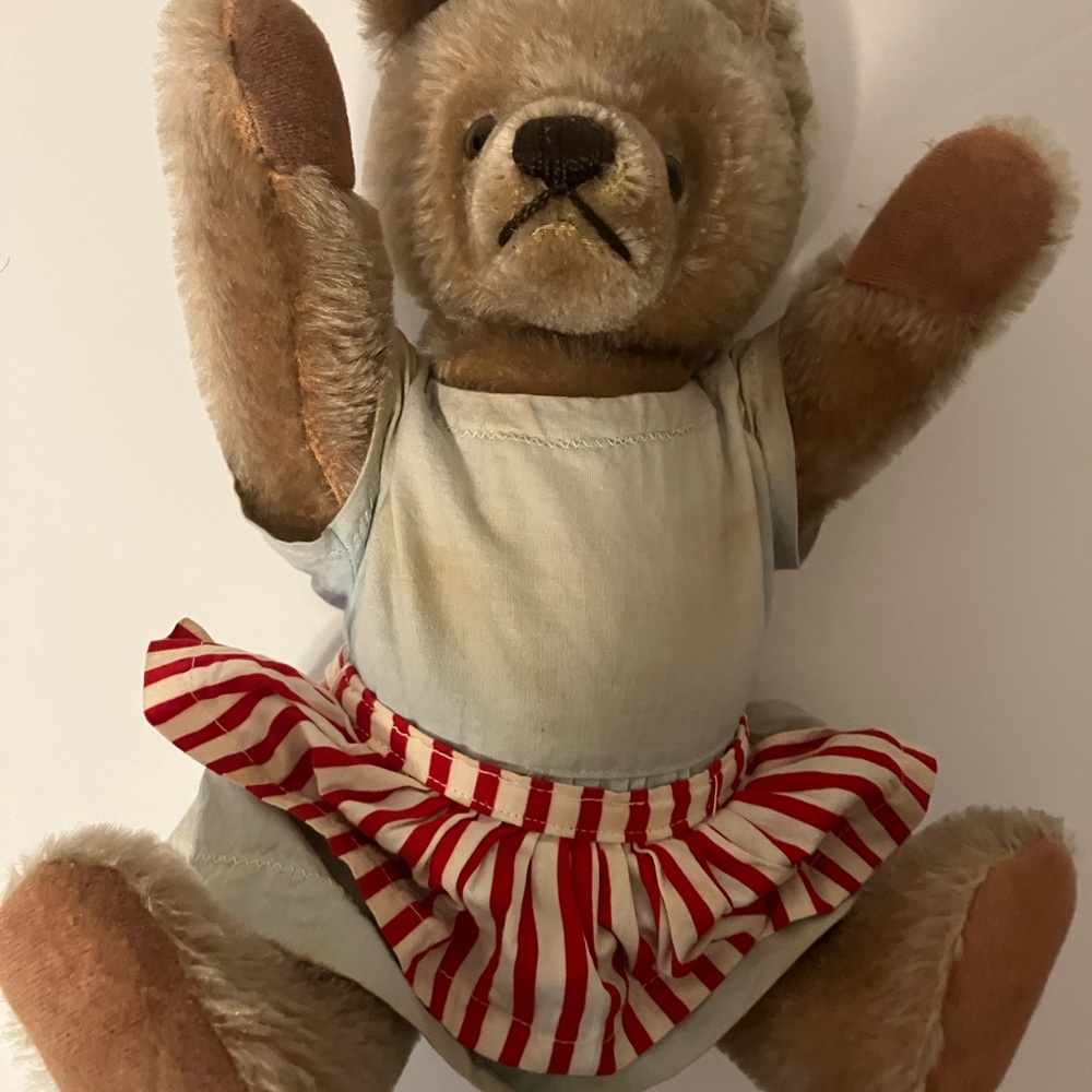 60s Vintage Steiff Teddy Bear. 13”, Mohair, Wearing a Dress and Apron. Button